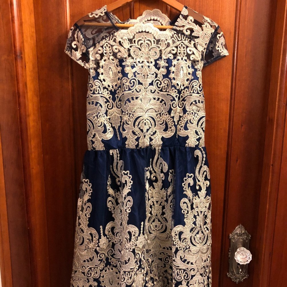 Navy blue/gold cap sleeve dress, mesh/embroidery